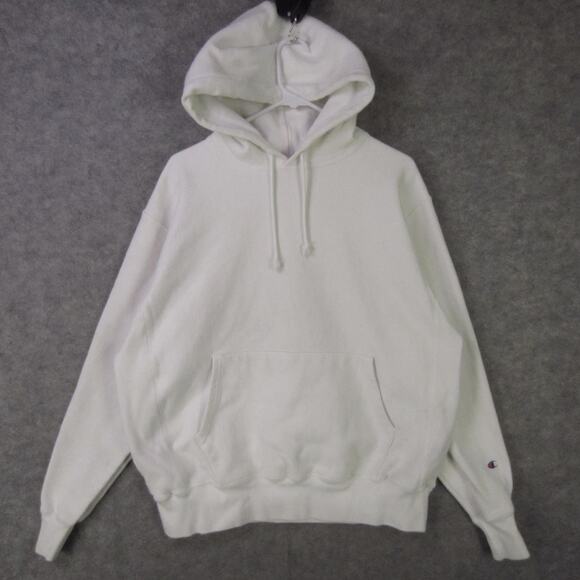 Champion Hoodie Mens Large White Reverse Weave Pullover Fleece C Logo Sleeve - Picture 1 of 9